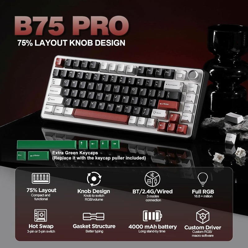 YUNZII B75 PRO Wireless Mechanical Keyboard,75% Layout with Knob,Hot Swap Gasket Custom Structure,Creamy Pre-lubed Switches,RGB Backlit,Bluetooth/Type-C/2.4G for Win/Mac (Blue Grey Switch,Black) - Image 2
