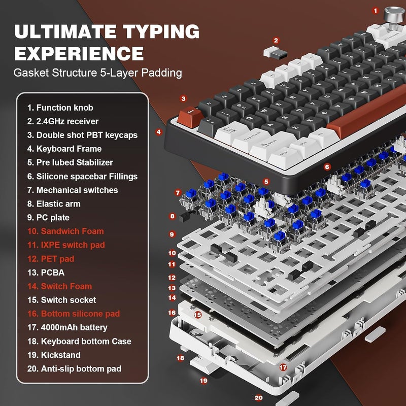 YUNZII B75 PRO Wireless Mechanical Keyboard,75% Layout with Knob,Hot Swap Gasket Custom Structure,Creamy Pre-lubed Switches,RGB Backlit,Bluetooth/Type-C/2.4G for Win/Mac (Blue Grey Switch,Black) - Image 4