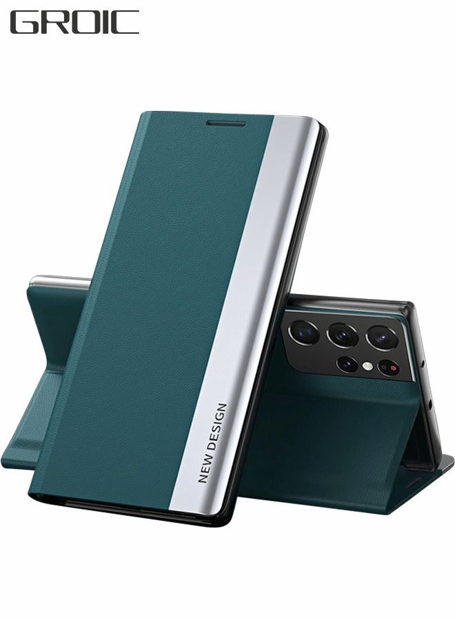 GROIC Compatibility With Samsung Galaxy S22 Ultra 6.8 Inch Phone Case,Leather Case with  Window, Magnetic Flip Cover,Flip Stand Phone Shell Green - Image 1