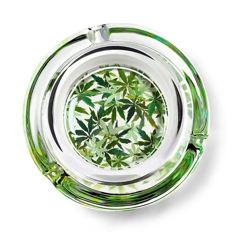 Vintage Glass Ashtray With Green Leaf Design Model YHG0278 Round Smoke Tray For Cigarettes And Cigars Elegant Smoke Resistant Ash Holder For Home Bar Office Plant Themed Retro Style Gift - Image 1