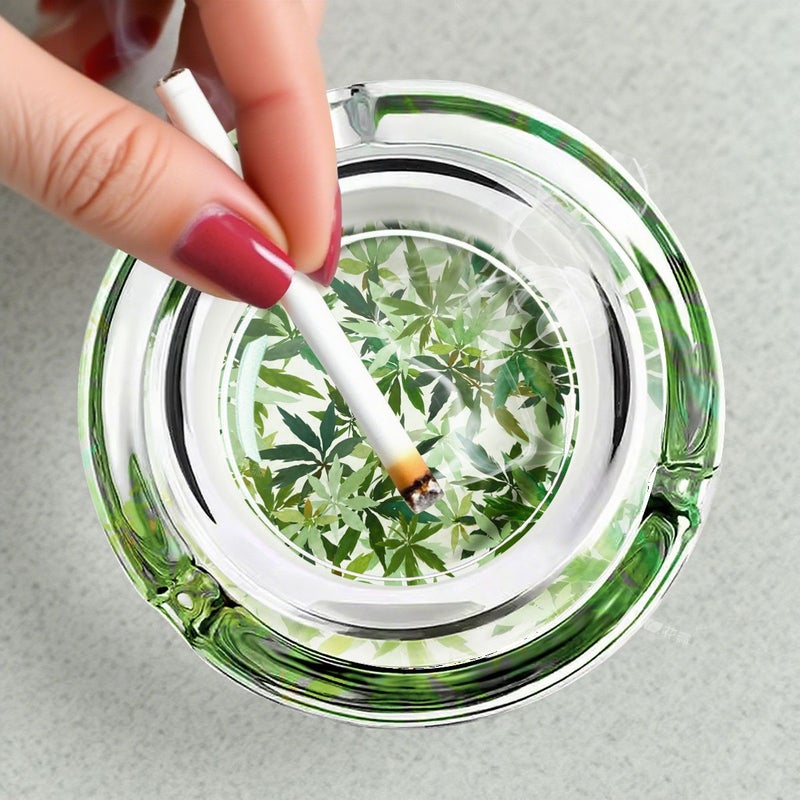 Vintage Glass Ashtray With Green Leaf Design Model YHG0278 Round Smoke Tray For Cigarettes And Cigars Elegant Smoke Resistant Ash Holder For Home Bar Office Plant Themed Retro Style Gift - Image 2