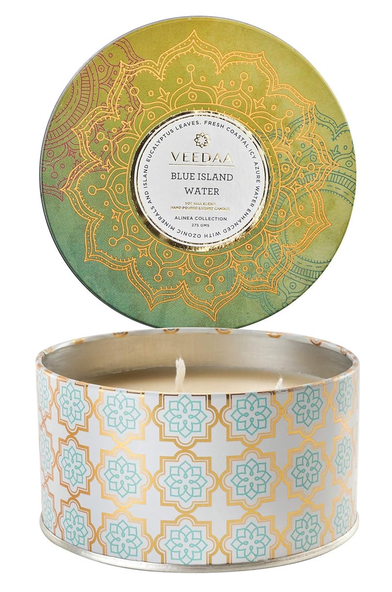 VEEDAA Blue Island Water 3 Wick Tin Soy Scented Candle Burns 40 Hours - Image 1