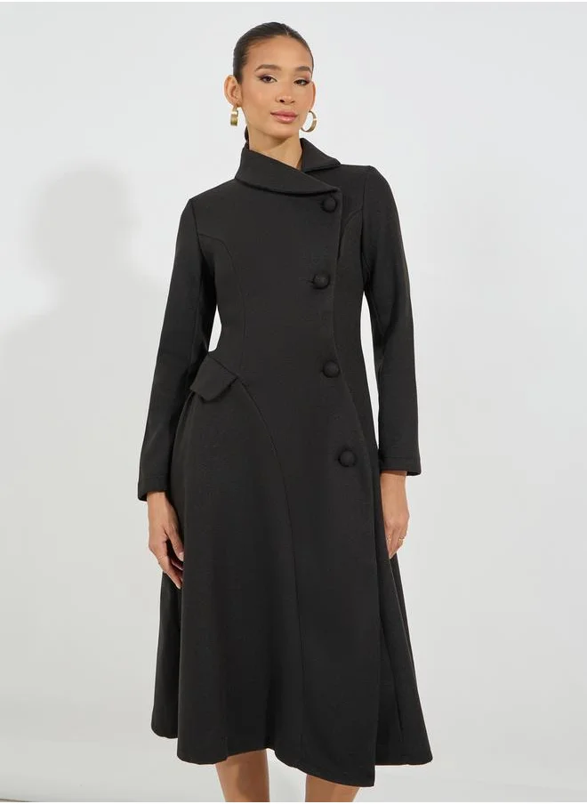 Styli Buttoned Collared Wool Like Blazer Midi Dress