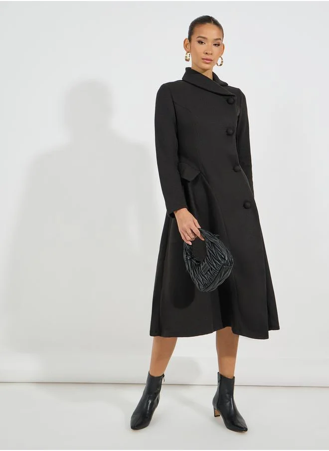 Styli Buttoned Collared Wool Like Blazer Midi Dress