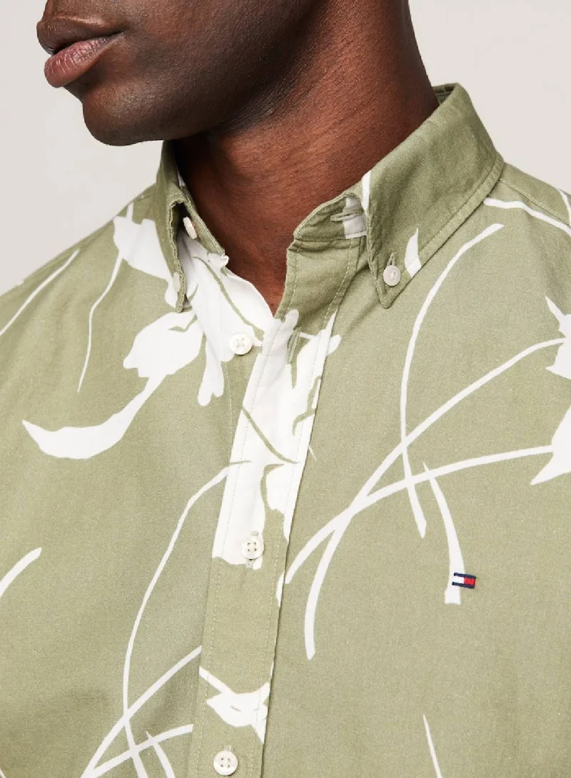 TOMMY HILFIGER Men's Tropical Print Short Sleeve Poplin Shirt -  Pure cotton poplin, Green/ White
