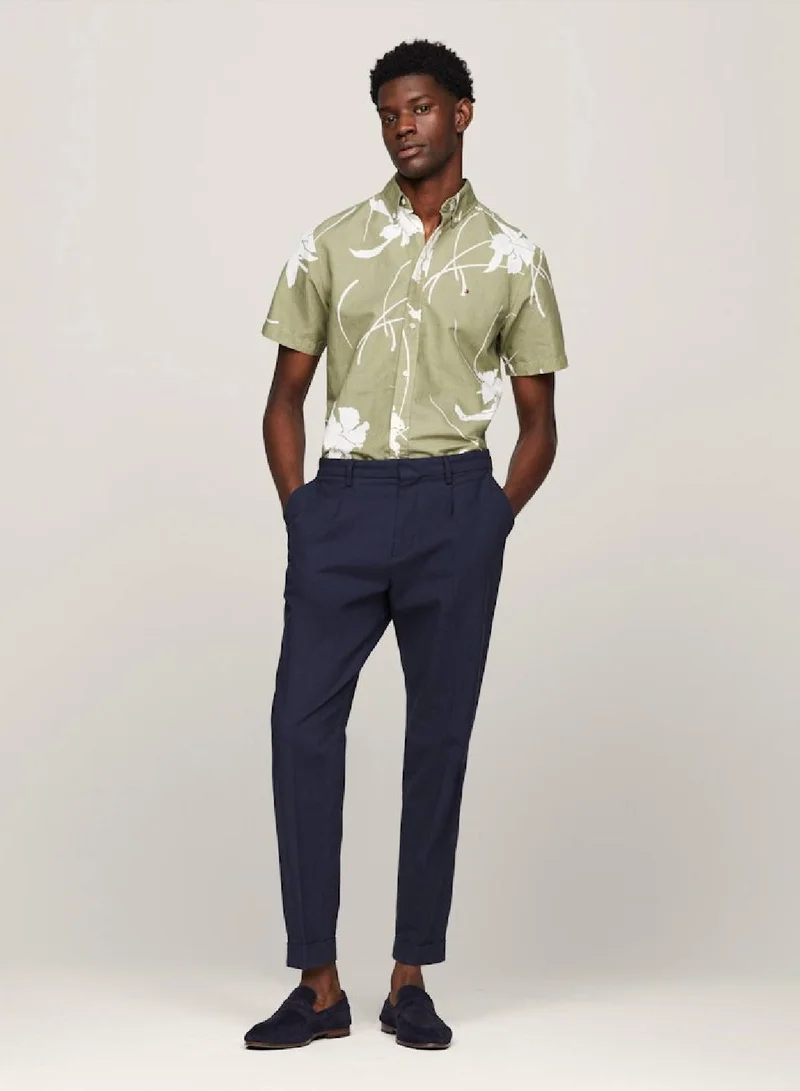 TOMMY HILFIGER Men's Tropical Print Short Sleeve Poplin Shirt -  Pure cotton poplin, Green/ White