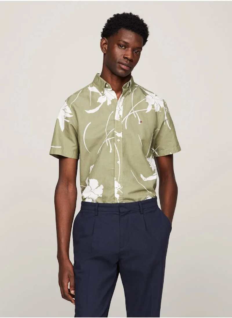 TOMMY HILFIGER Men's Tropical Print Short Sleeve Poplin Shirt -  Pure cotton poplin, Green/ White