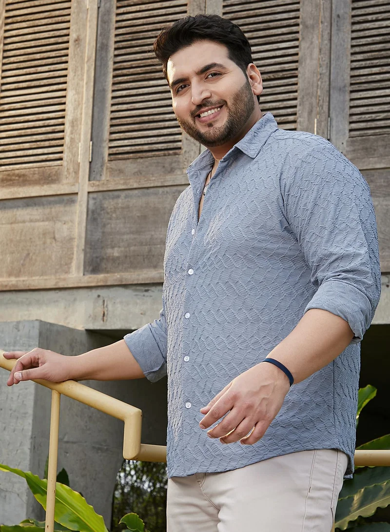 Instafab Plus  Instafab Plus Men's Cornflower Blue Herringbone-Tactile Shirt For Casual Wear | Spread Collar | Long Cuffed Sleeves | Button Closure | Plus Size Shirt Crafted With Comfort Fit For Everyday Wear for Men | Best Price UAE