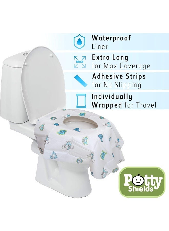 Potty Shields أغطية مقاعد المرحاض القابلة للتصرف (12 عبوة) - غطاء مرحاض XL مقاوم للماء للأطفال، والكبار - محمول ومغلف بشكل فردي للسفر، والتدريب، والعطلات، والحمامات العامة - Image 3