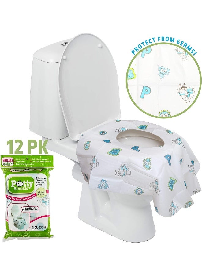 Potty Shields أغطية مقاعد المرحاض القابلة للتصرف (12 عبوة) - غطاء مرحاض XL مقاوم للماء للأطفال، والكبار - محمول ومغلف بشكل فردي للسفر، والتدريب، والعطلات، والحمامات العامة - Image 2