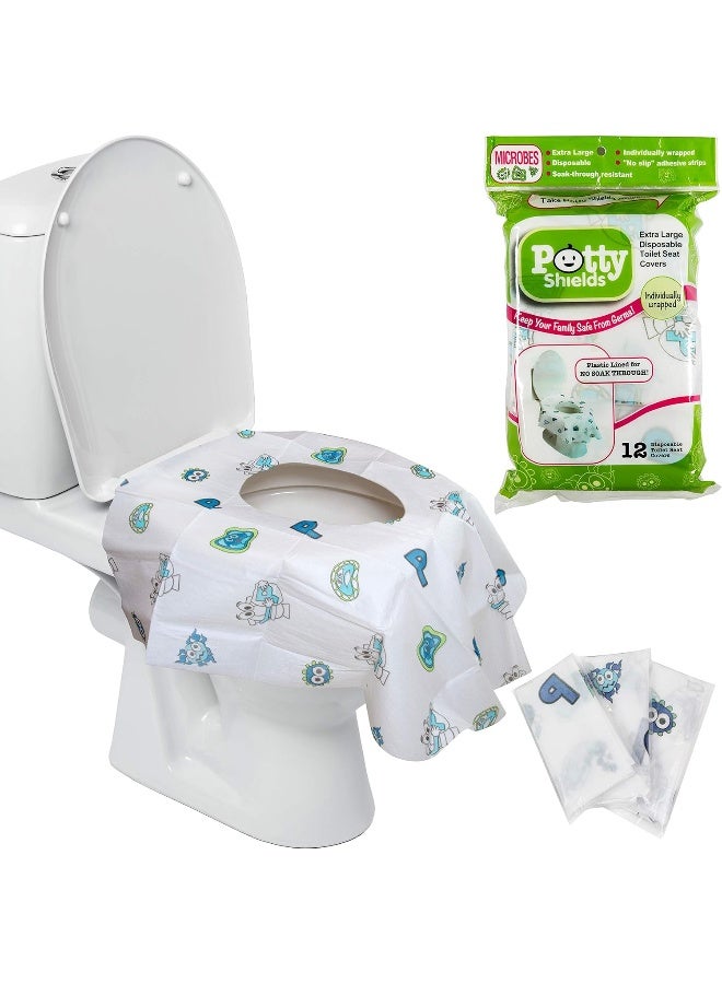 Potty Shields أغطية مقاعد المرحاض القابلة للتصرف (12 عبوة) - غطاء مرحاض XL مقاوم للماء للأطفال، والكبار - محمول ومغلف بشكل فردي للسفر، والتدريب، والعطلات، والحمامات العامة - Image 1