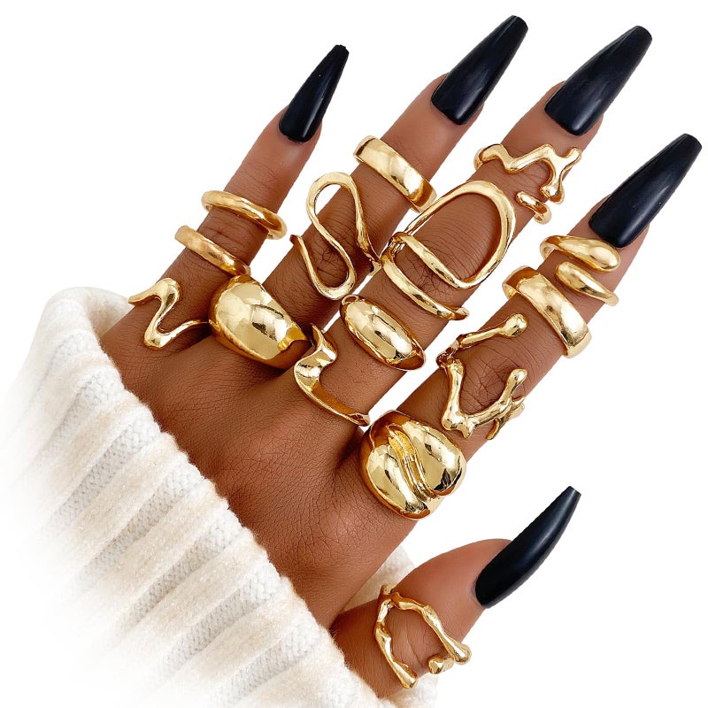 IFKM Gold Chunky Rings Set for Women 14k Gold Plated Thick Dome Stackable Open Rings Trendy Dainty Minimalist Jewelry Gifts (Irregular, Gold) - Image 1