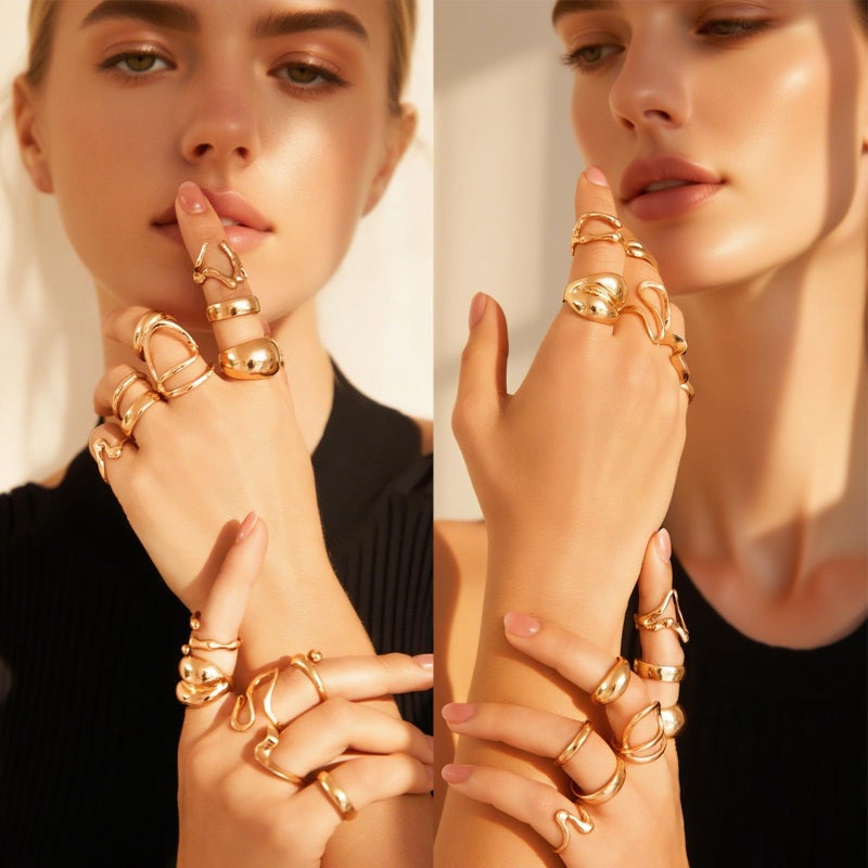 IFKM Gold Chunky Rings Set for Women 14k Gold Plated Thick Dome Stackable Open Rings Trendy Dainty Minimalist Jewelry Gifts (Irregular, Gold) - Image 4