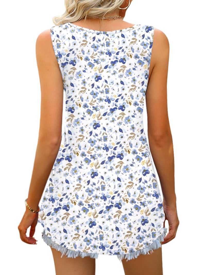Tencede 2026 Summer Tank Tops for Women Sleeveless V Neck Babydoll Loose Flowy Floral Print Blouse White Blue Wildflower Large - Image 3