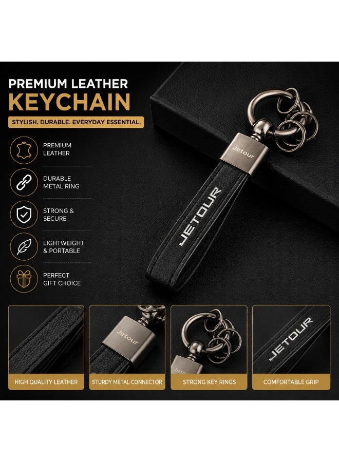 JETOUR Leather Car Keychain with Metal Key Ring | Universal Automotive Key Holder | Durable Leather Strap Key Organizer for Car Keys, House Keys & Bags | Black