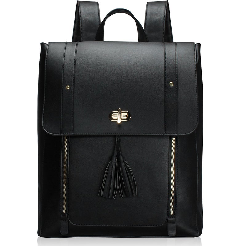 ESTARER Upgraded Version Women PU Leather Backpack 15.6 Inch Laptop Backpack Vintage College Rucksack Bag (Black) - Image 1