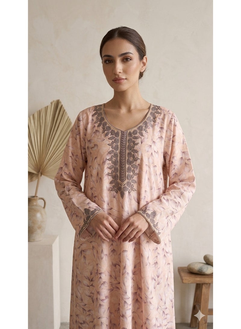 Embroidered Floral Print Jalabiya with Leaf Detailing - Image 3