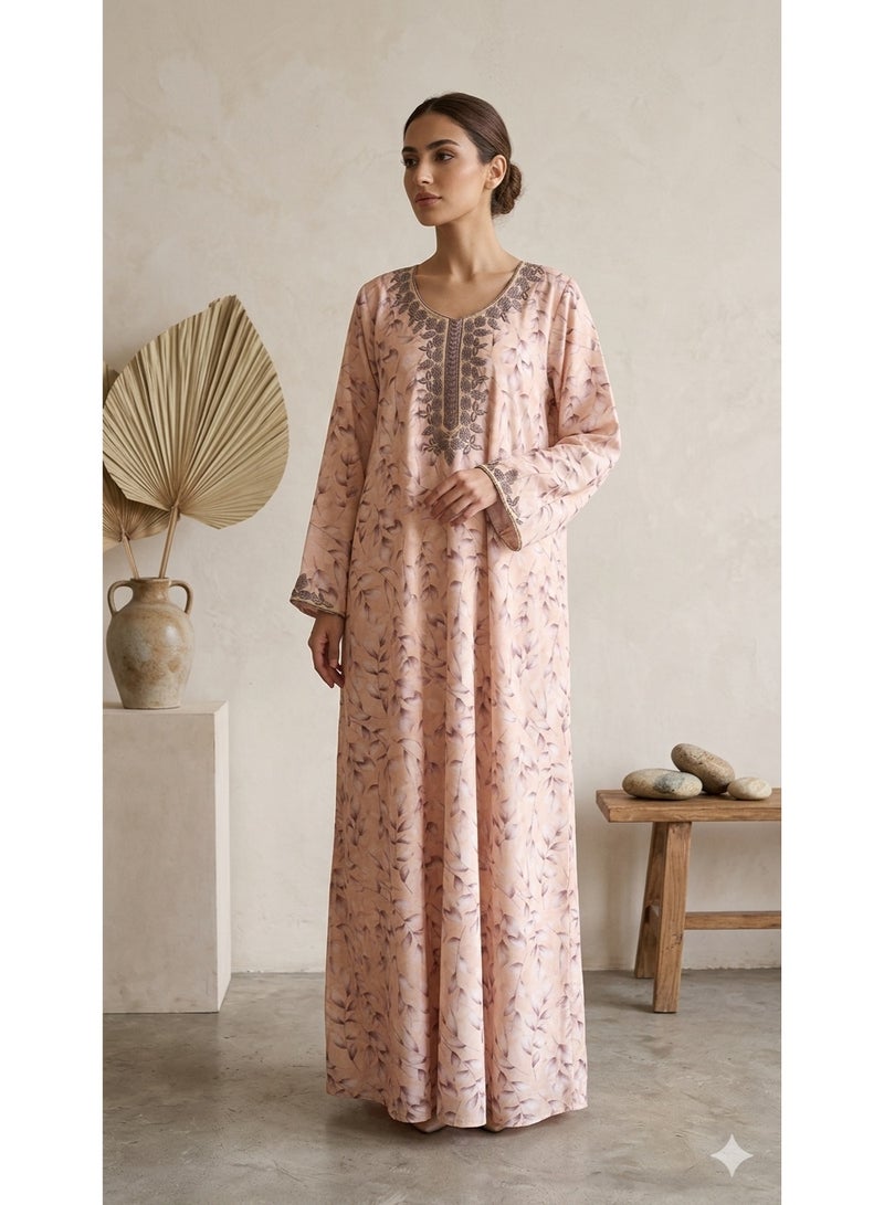 Embroidered Floral Print Jalabiya with Leaf Detailing - Image 2