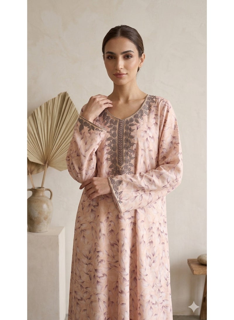 Embroidered Floral Print Jalabiya with Leaf Detailing - Image 4