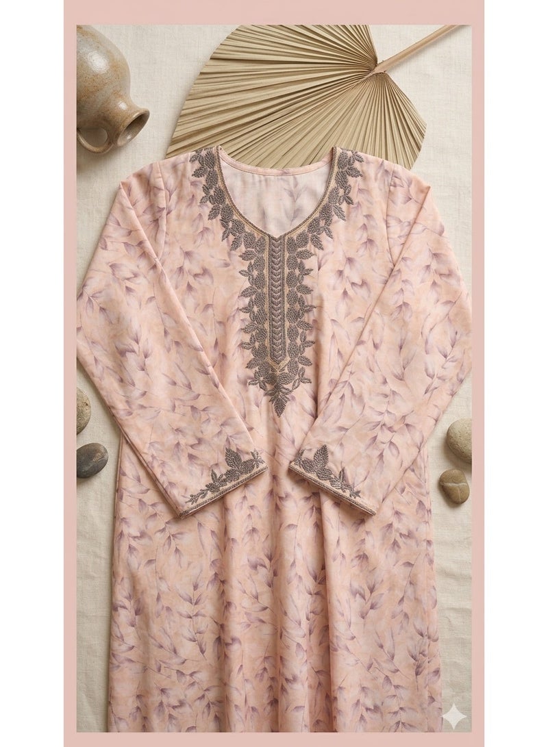 Embroidered Floral Print Jalabiya with Leaf Detailing - Image 1