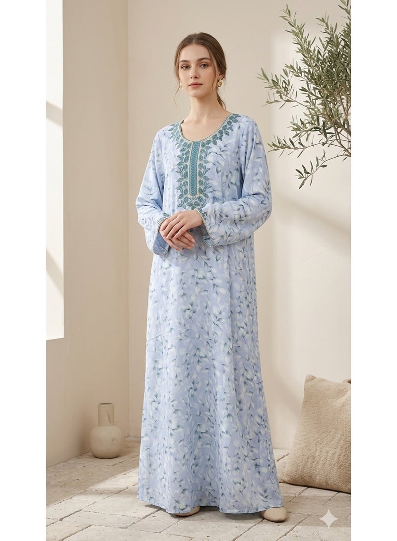 Embroidered Floral Print Jalabiya with Leaf Detailing - Image 5