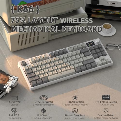 MAMBASNAKE ATTACK SHARK K86 Wireless Mechanical Keyboard with 1.2" TFT Color Display & CNC Knob,Hot Swappable RGB Backlit,2.4GHz/BT/Wired Modes,Customizable Blue Whale Switch,PBT Keycaps for WIN/MAC (Gray) - Image 2