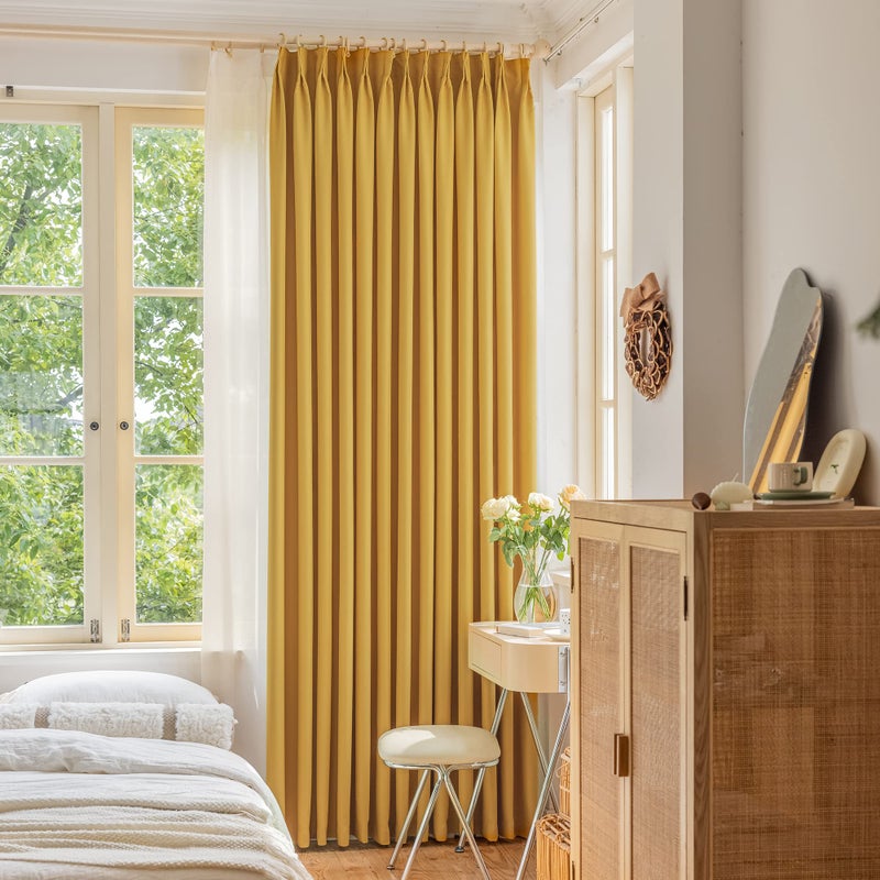 OYRING Pinch Pleat Curtain for Traverse Rod and Track  Ceiling to Floor 120 Inches Extra Long Room Darkening Pleated Drape with Tieback for Living Room  52"" W x 120"" L  1 Panel  Yellow - Image 2