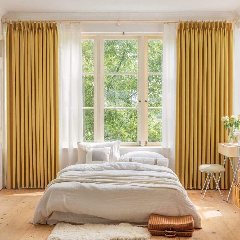 OYRING Pinch Pleat Curtain for Traverse Rod and Track  Ceiling to Floor 120 Inches Extra Long Room Darkening Pleated Drape with Tieback for Living Room  52"" W x 120"" L  1 Panel  Yellow - Image 1
