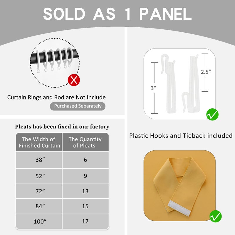 OYRING Pinch Pleat Curtain for Traverse Rod and Track  Ceiling to Floor 120 Inches Extra Long Room Darkening Pleated Drape with Tieback for Living Room  52"" W x 120"" L  1 Panel  Yellow - Image 4