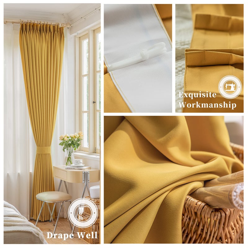OYRING Pinch Pleat Curtain for Traverse Rod and Track  Ceiling to Floor 120 Inches Extra Long Room Darkening Pleated Drape with Tieback for Living Room  52"" W x 120"" L  1 Panel  Yellow - Image 5