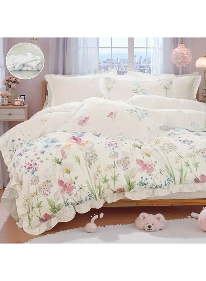 Queen Size Polychrome Floral Duvet Cover Set With Ruffles 3 Piece Bedding - Image 1