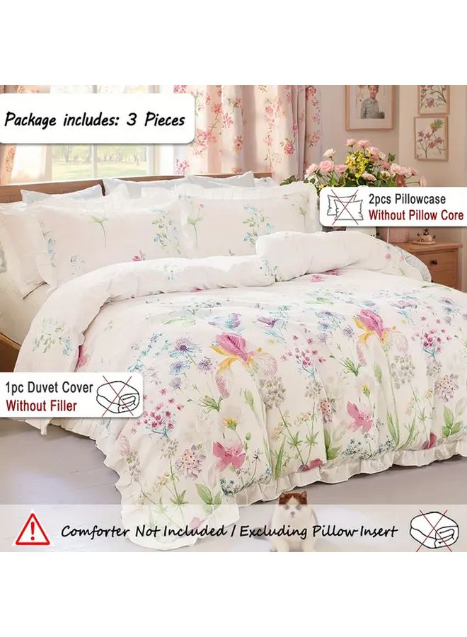 Queen Size Polychrome Floral Duvet Cover Set With Ruffles 3 Piece Bedding - Image 2
