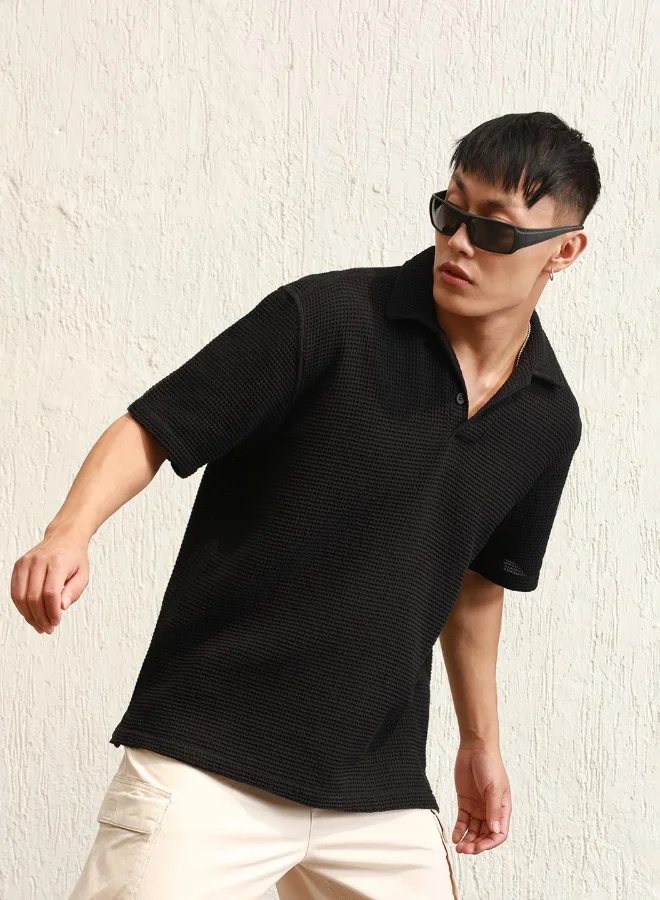 Hubberholme Black Men's Black 100% Cotton Solid Pattern Polo Oversized T-Shirt for Men | Best Price UAE