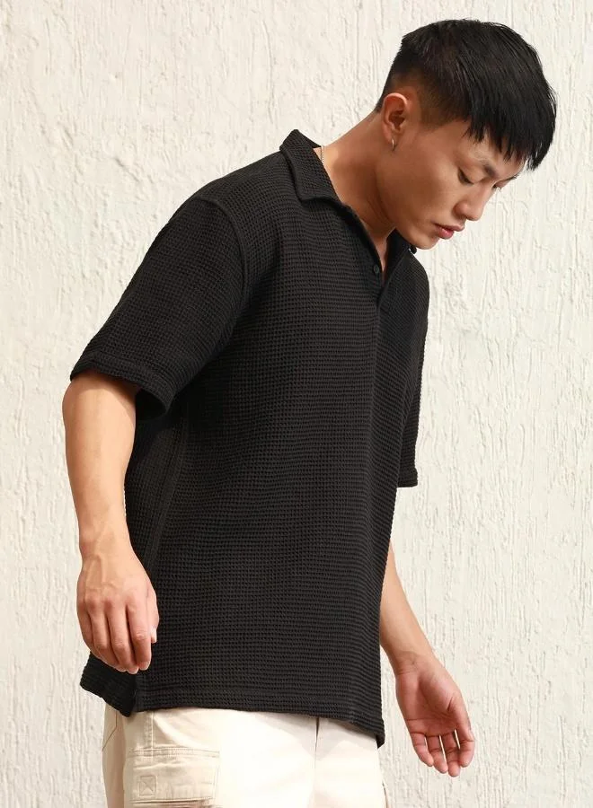 Hubberholme Black Men's Black 100% Cotton Solid Pattern Polo Oversized T-Shirt for Men | Best Price UAE