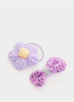 Set of 2 - Sequin Detail Bow and Woven Floral Hair Clip