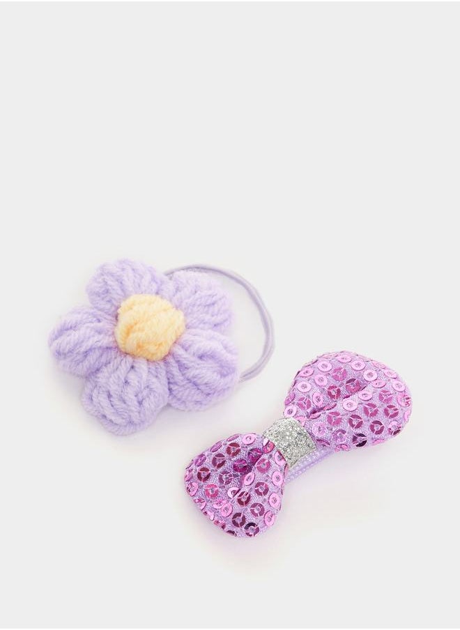 Styli - Set of 2 - Sequin Detail Bow and Woven Floral Hair Clip - Image 1