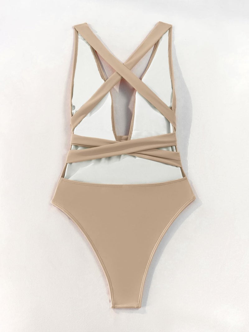 Lilosy Sexy Lace Up Plunge Neck Backless High Waisted Low Cut Leg Rise Thong Cheeky Brazilian 1 Piece Bikini Swimsuit Women Back Bathing Suit Tie Criss Cross Monokini Khaki Medium - Image 4