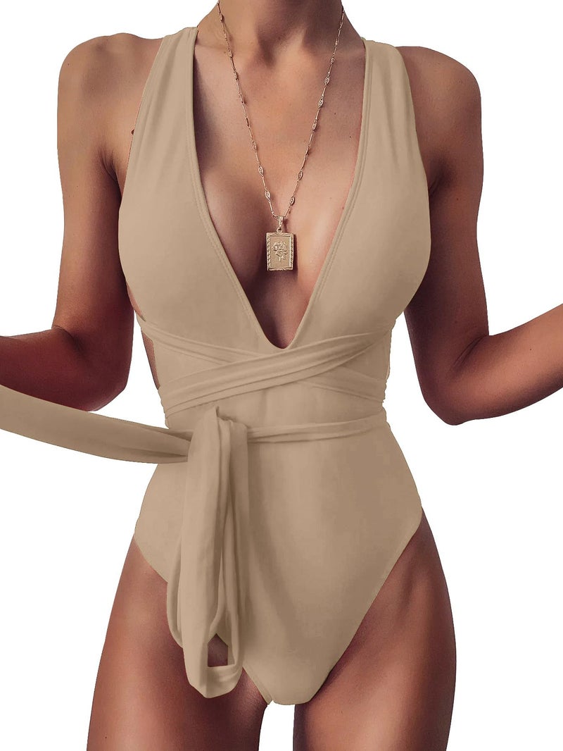 Lilosy Sexy Lace Up Plunge Neck Backless High Waisted Low Cut Leg Rise Thong Cheeky Brazilian 1 Piece Bikini Swimsuit Women Back Bathing Suit Tie Criss Cross Monokini Khaki Medium - Image 1