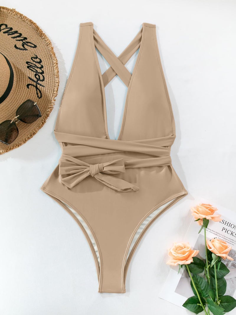 Lilosy Sexy Lace Up Plunge Neck Backless High Waisted Low Cut Leg Rise Thong Cheeky Brazilian 1 Piece Bikini Swimsuit Women Back Bathing Suit Tie Criss Cross Monokini Khaki Medium - Image 3