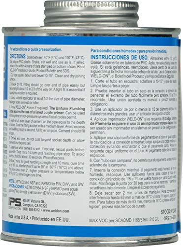 IPS Weld-On 12496 735 Wet 'N Fast Medium-Bodied High Strength PVC Cement - Extremely Fast Setting and Low-VOC, Blue, 1 Pint (16 fl oz) - Image 2