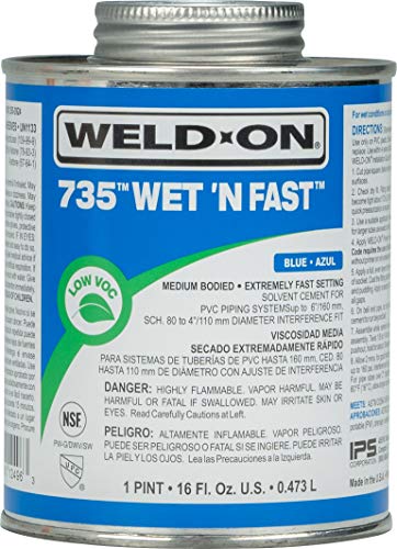 IPS Weld-On 12496 735 Wet 'N Fast Medium-Bodied High Strength PVC Cement - Extremely Fast Setting and Low-VOC, Blue, 1 Pint (16 fl oz) - Image 1