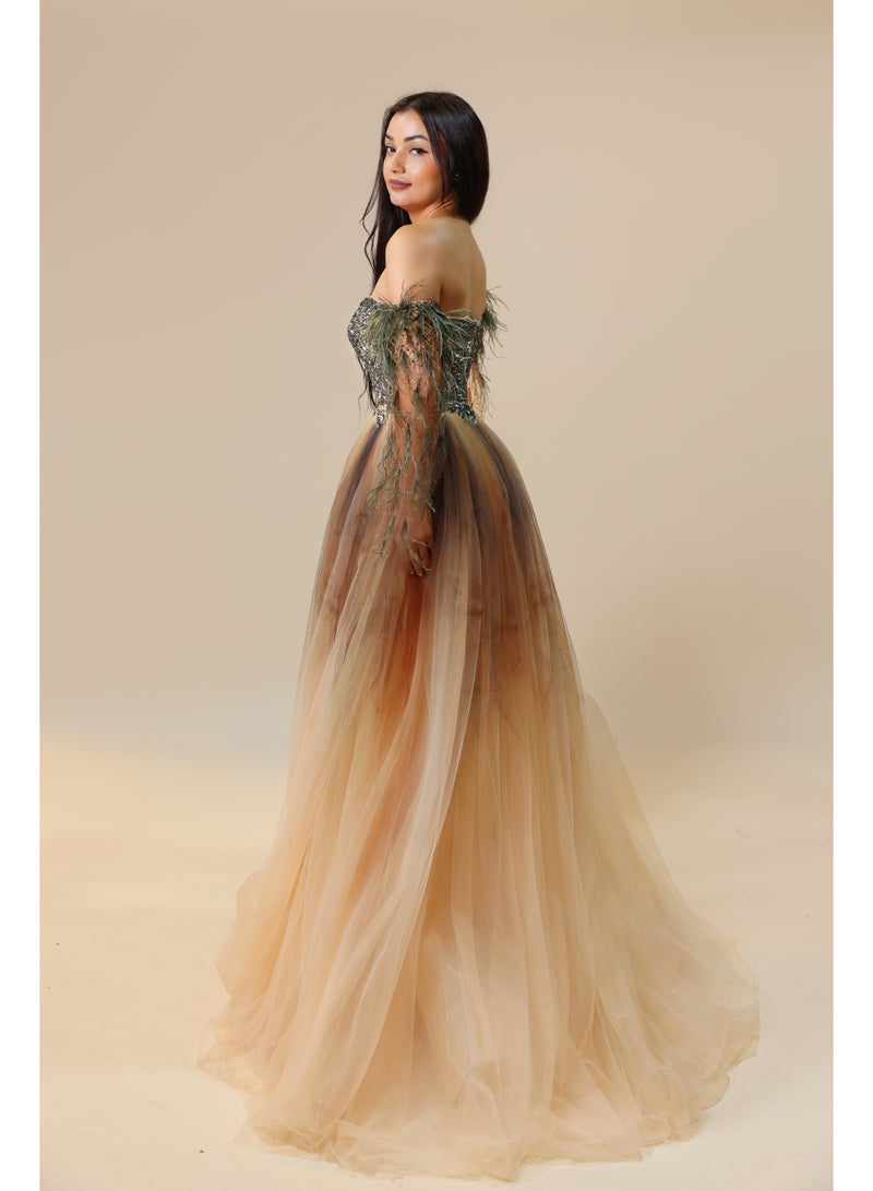 FAIZ COUTURE Elegant Off-Shoulder Brown with Green Ombre Tulle Gown - Image 1