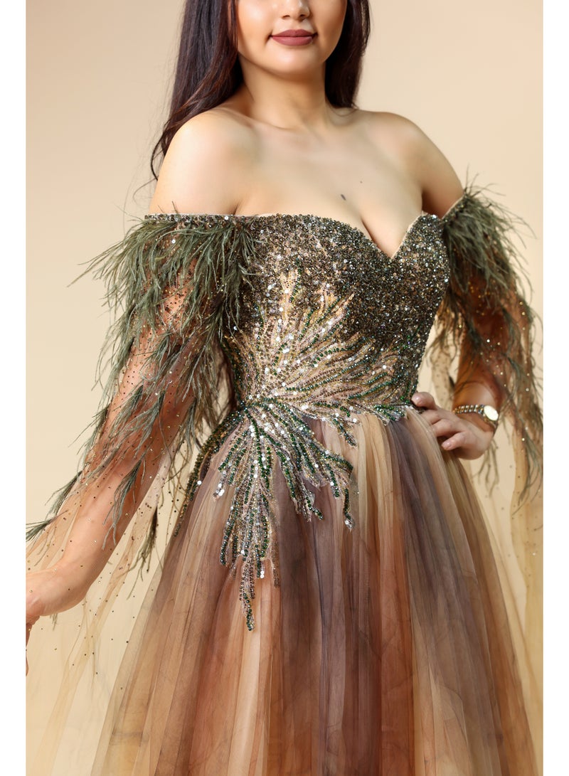 FAIZ COUTURE Elegant Off-Shoulder Brown with Green Ombre Tulle Gown - Image 3