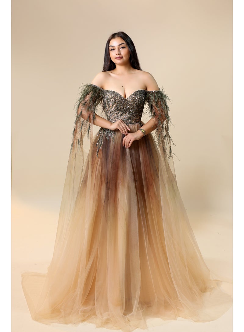 FAIZ COUTURE Elegant Off-Shoulder Brown with Green Ombre Tulle Gown - Image 2
