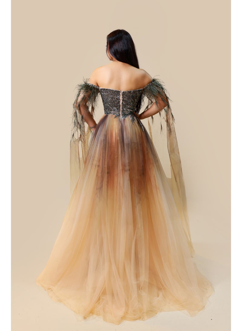 FAIZ COUTURE Elegant Off-Shoulder Brown with Green Ombre Tulle Gown - Image 4