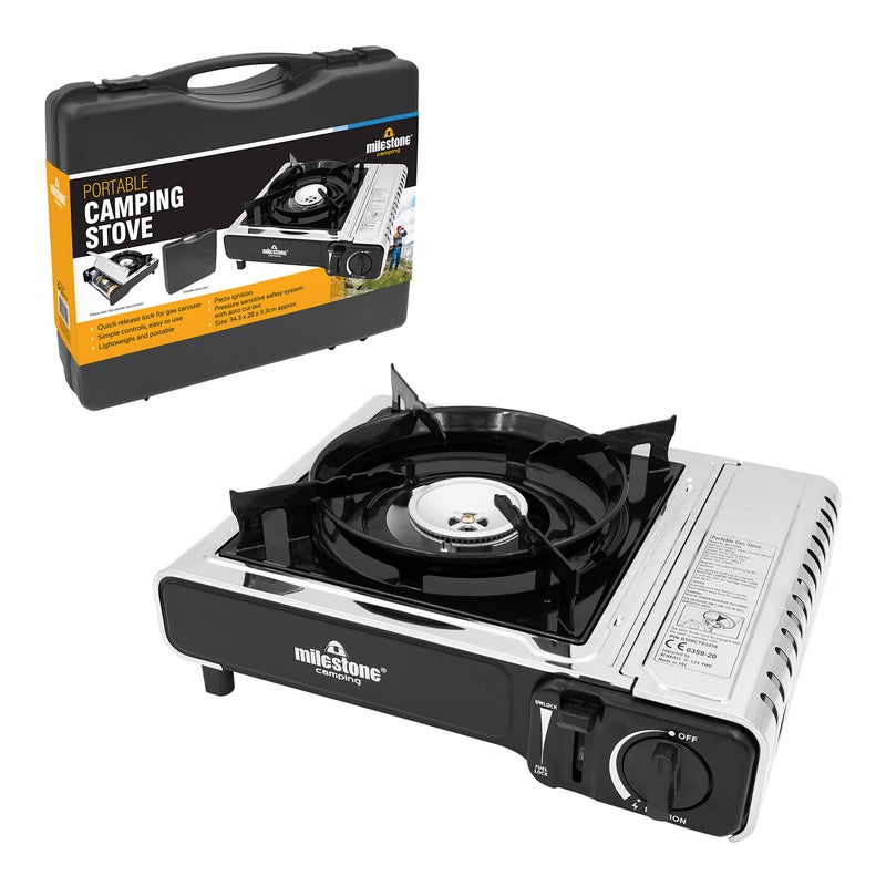 Milestone Camping 18949 Portable Gas Camping Stove with Carry Case/Gas Powered/Lightweight & Portable/Camping/Festivals/Fishing Trips - Image 1