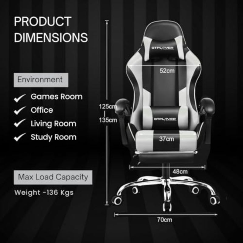 Gaming Chair for Adults Ergonomic Office Chair with USB Massage Lumbar, Footrest and Headrest PU Leather Computer Desk Chair for Video Gaming and Work 360° Swivel, Height Adjustable - Image 2