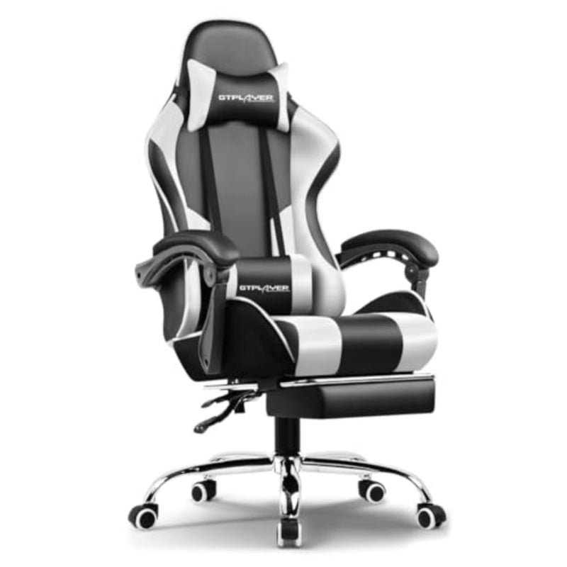 Gaming Chair for Adults Ergonomic Office Chair with USB Massage Lumbar, Footrest and Headrest PU Leather Computer Desk Chair for Video Gaming and Work 360° Swivel, Height Adjustable - Image 1