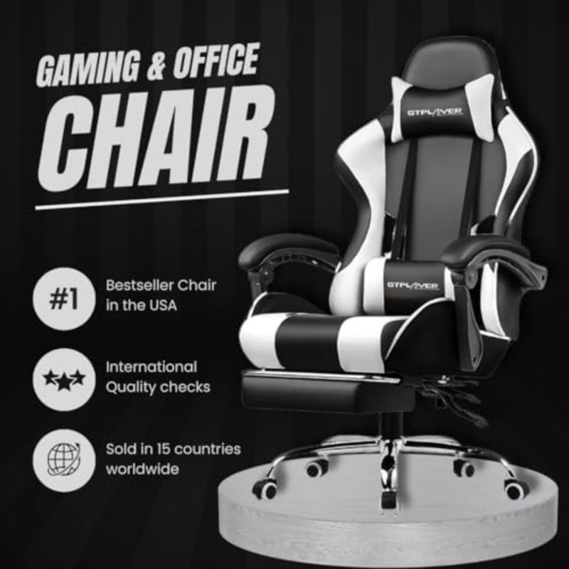 Gaming Chair for Adults Ergonomic Office Chair with USB Massage Lumbar, Footrest and Headrest PU Leather Computer Desk Chair for Video Gaming and Work 360° Swivel, Height Adjustable - Image 3