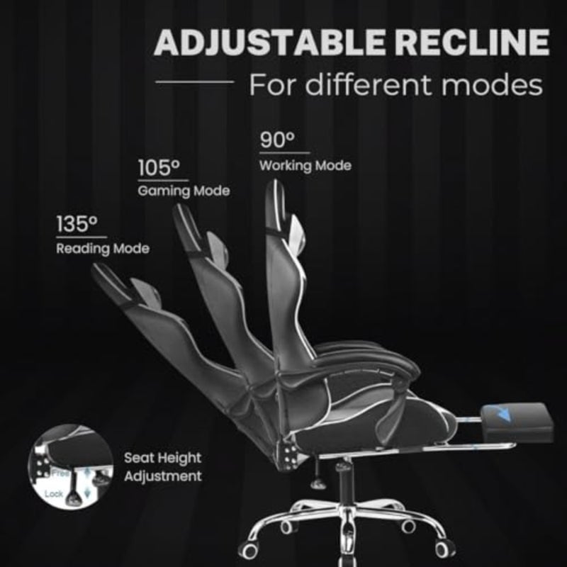 Gaming Chair for Adults Ergonomic Office Chair with USB Massage Lumbar, Footrest and Headrest PU Leather Computer Desk Chair for Video Gaming and Work 360° Swivel, Height Adjustable - Image 4